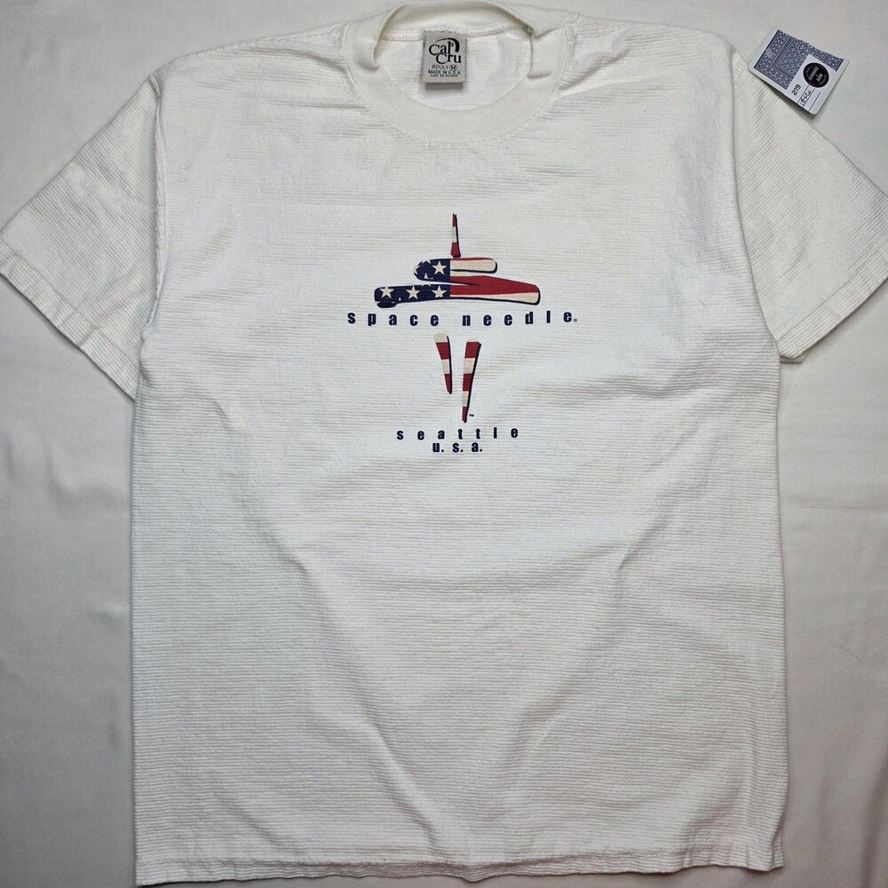 Vintage 80s Space Needle Shirt Mens M White Seattle USA Flag Cal Cru Graphic Tee